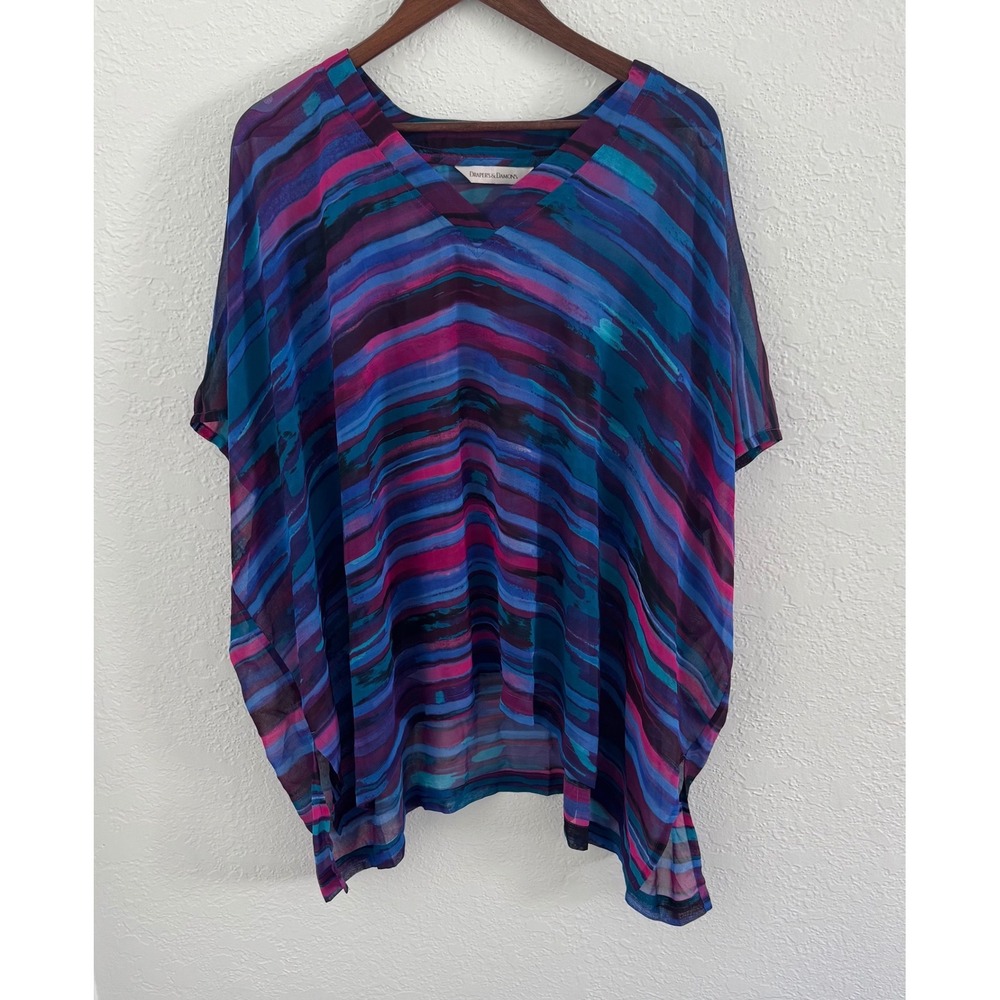 Vintage Drapers & Damons Caftan Poncho Sheer Purple Pink Stripes One Size Boho